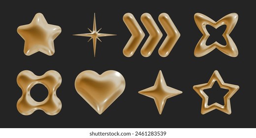 Set of Y2k geometric 3D render holographic shapes trendy retro futuristic design elements, infographic shapes. Modern concept with symbols and objects, star, heart Vector illustration for UI and UX.