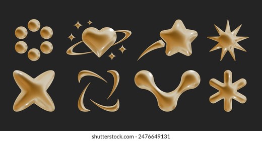 Set of Y2k geometric 3D render holographic shapes trendy retro futuristic design elements, infographic shapes. Modern concept with symbols and objects, star, heart Vector illustration for UI and UX.