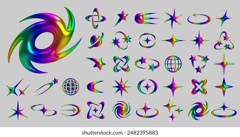 Set of Y2K geometric 3D render holographic shapes with rainbow metallic shiny chrome surface. Trendy retro futuristic vector design elements: star, galaxy, spark, geometric, iridescent, glossy shapes
