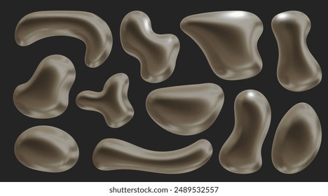 Set of Y2k geometric 3D render bronze shapes trendy retro futuristic design elements, infographic shapes. Modern concept with symbols and objects, star, heart Vector illustration for UI and UX.