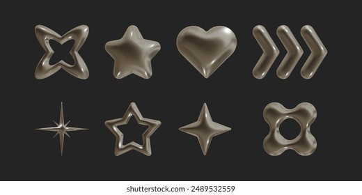Set of Y2k geometric 3D render bronze shapes trendy retro futuristic design elements, infographic shapes. Modern concept with symbols and objects, star, heart Vector illustration for UI and UX.