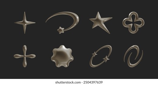 Set of Y2k geometric 3D render bronze shapes trendy retro futuristic design elements, infographic shapes. Modern concept with symbols and objects, star, heart Vector illustration for UI and UX.