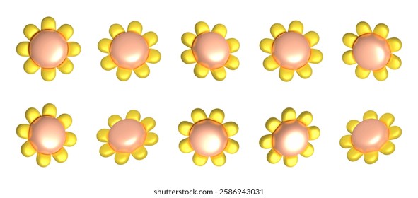 Set of y2k glossy yellow 3d puffy flowers with soft peach center. Plastic inflated petals. Isolated 3D Plastic Flowers.