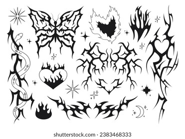 Conjunto de formas góticas y tatuajes negros. Resumen de fuego, corazón, mariposa, siluetas de serpientes. Estampillas de Cyberpunk. Diseño vectorial de los años 2000