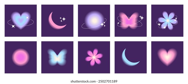 Set of y2k gradient cards, backgrounds. Aura blur flower, moon, heart, planet shapes 2000s. Vector   