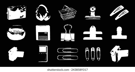 Set of Y2K graphic icons in silhouette photocopy style in various vintage shapes such as household supplies, electronic gadgets and office items for graphic design or journal collage decoration.