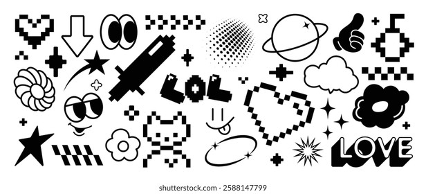 Set of y2k and groovy elements vector. Hand drawn collection of pixel, fluffy, arrow, heart, smile face, flower, sword in black and white color. Design for print, cartoon, card, decoration, sticker.