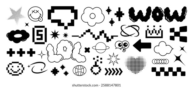 Set of y2k and groovy elements vector. Hand drawn collection of pixel, fluffy, arrow, speech bubble, text, organic shape in black and white color. Design for print, cartoon, card, decoration, sticker.