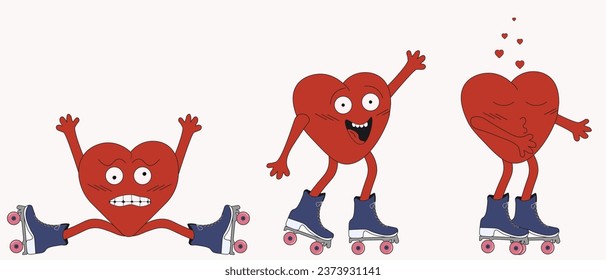 Set Y2K Groovy hippie Hearts sticker. Heart funny cartoon character on rollers. Happy valentine's day concept. Trendy modern emoji in retro style 60s 70s. Hearts Mascot. Vector illustration.