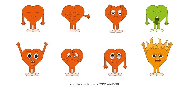 Set of Y2K Groovy hippie love sticker. Heart funny cartoon character different emotion. Happy valentine's day concept. Trendy modern emoji in retro style 60s 70s. HeartsMascot. Vector illustration.
