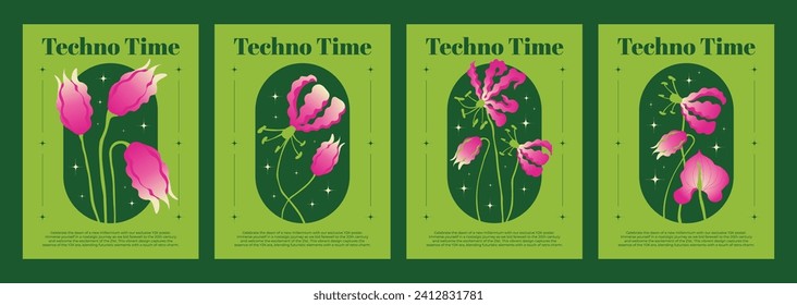 Set of y2k groovy posters with floral design. Vector realistic illustration of botanical flyers, pink flower, sparkles on green background, retrowave style art, natural beauty, creative graphic design