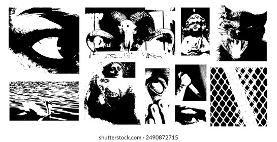 Set of y2k grunge elements. Eyes and mouth and shapes in grain photocopy texture. Brutal and brutalism punk halftone. Vector pack of vintage graphic. Black color isolated on white background