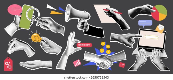 Set of y2k halftone hand with business marketing icon and photocopy grain effect. Human arm gesture comic sticker collage with torn grunge paper texture, mobile phone, money and light bulb idea symbol