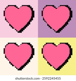 Set of y2k heart icons in colorful pixel art. Vector illustration