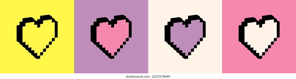 Set of y2k heart icons in pixel art. Bold and groovy sticker. Love. 3d vector elements. Bright modern heart shape for collage and posters. Naive design. Neon. Voxel. Abstract geometric simple sign