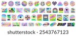 Set Of Y2k Holographic Colorful Stickers Set. Cool Collection Of Cute Pop Art Patches.