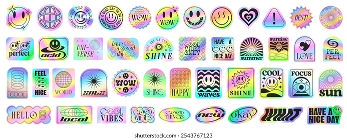 Set Of Y2k Holographic Colorful Stickers Set. Cool Collection Of Cute Pop Art Patches.