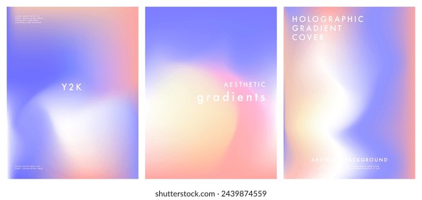 A set of Y2K holographic gradient posters. Iridescent aura pastel rainbow mesh background. Soft blurry pink, white and violet texture. Vector aesthetic for social media templates and graphic design