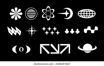 A set of Y2K icons. Y2K icons. Networks of the Internet planet. Web Y2K icons. Many rays in the stars. Set of different elements