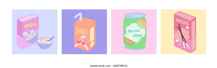 Un conjunto de refrigerios de moda hechos a mano por Kawaii y 2000. Cereal, caja de jugo, lata de refresco, palitos de galletas. Paquetes de comida coloridos kawaii japoneses. Ilustración del vector EPS 10