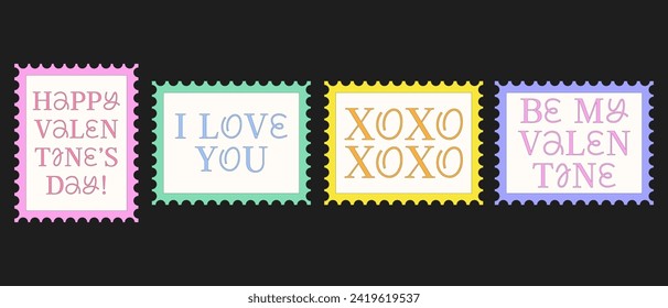 Set of Y2K Lovely Postage Stamps. Trendy Love Stickers. Happy Valentine`s Day. 14 February. Cool Patches Collection.