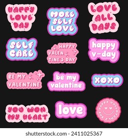 Set of Y2K Lovely Stickers. Trendy Love Concept. Happy Valentine`s Day. 14 February.