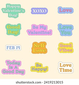 Set of Y2K Lovely Stickers. Trendy Love Concept. Happy Valentine`s Day. 14 February.