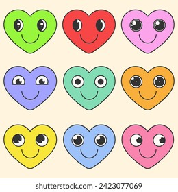 Set of Y2K Lovely Stickers. Trendy Love Concept. Happy Valentine`s Day. 14 February.