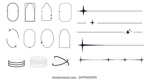  Set of y2k minimal geometric frames and borders thin line rings, abstract aesthetic element illustrated for banners, social media, poster design, sticker. Trendy frame, sparkles, star, lines