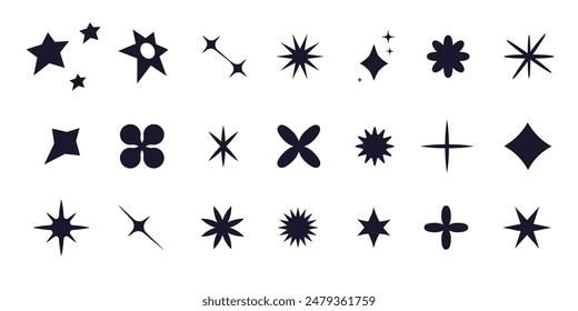  Set of y2k minimal geometric shapes thin line rings, abstract aesthetic element illustrated for banners, social media, poster design, sticker. Trendy design with frame, sparkles, star, lines