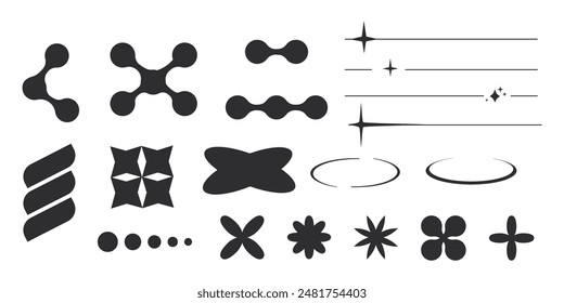  Set of y2k minimal geometric shapes thin line rings, abstract aesthetic element illustrated for banners, social media, poster design, sticker. Trendy design with frame, sparkles, star, lines