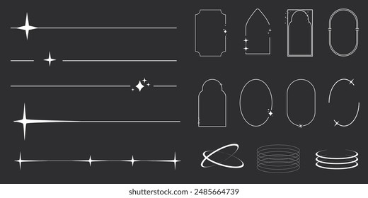  Set von Y2k minimalgeometrischen Formen dünne Linienringe, abstraktes ästhetisches Element für Banner, Social Media, Poster-Design, Aufkleber illustriert. Trendiges Design mit Rahmen, Funkeln, Stern, Linien