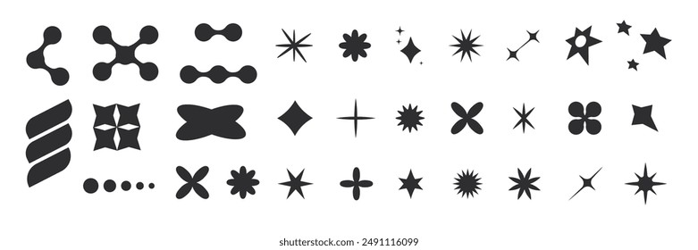  Set of y2k minimal geometric shapes thin line rings, abstract aesthetic element illustrated for banners, social media, poster design, sticker. Trendy design with frame, sparkles, star, lines