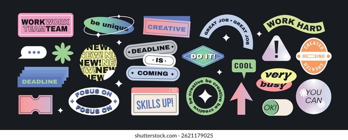 Set of y2k motivational patches. Trendy retro stickers with daily work affirmation and inspirational quotes. Cool Vibrant Labels for Print. Flat vector illustration collection isolated on background