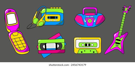 Set of y2k music objects, flat vector illustration, classic 80s 90s elements in modern style, linear style, hand drawn vector illustration: telephone, cassette, tape recorder, player, headphones