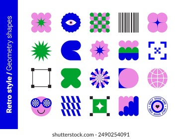 Set of Y2k naive purple square elements. Simple geometry shapes for composition. Quirky freeform objects. Trendy geometry stickers. Flat design. Minimalist style. Vectored shapes, retro vibes