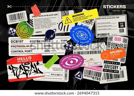 Set of Y2K and packaging stickers scattered randomly on dark plastic bag textured background. Vector EPS10 graphic.
