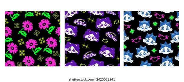 Set Y2K pattern with characters girl, heart, flower. Retro futuristic elements for design. Trendy elements in vaporwave acid style. Retro girl and futuristic items