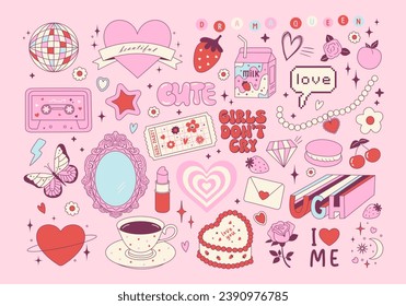 Set of y2k pink girly clipart. Cute cake, milk, rose flower, strawberry, cassette, vintage mirror. Coquette trendy decor. 2000s aesthetic. Glamour vector elements for card, poster, collage design.