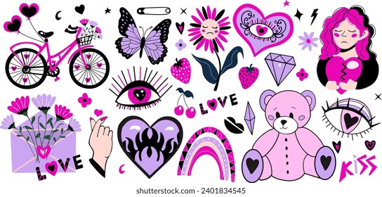 Set of y2k pink girly clipart. emo sad girls in love, heart, letter, bicycle. Valentine's day collection. Vector 