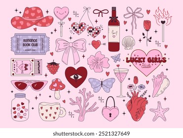 Set of y2k pink girly clipart. Cute cowboy hat, bow, heart, matches, shell, cup. Trendy coquette stickers. 2000s aesthetic. Funky vector elements for card, poster, collage design.