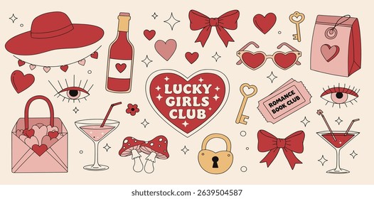 Set of y2k pink girly clipart. Cute cowboy hat, bow, heart, matches, shell, cup. Trendy coquette stickers. 2000s aesthetic. Funky vector elements for card, poster, collage
