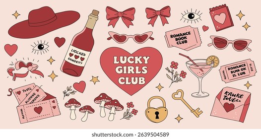 Set of y2k pink girly clipart. Cute cowboy hat, bow, heart, matches, shell, cup. Trendy coquette stickers. 2000s aesthetic. Funky vector elements for card, poster, collage
