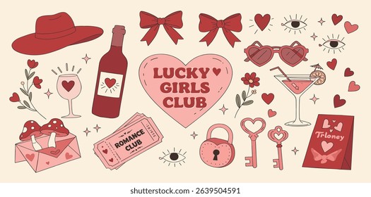 Set of y2k pink girly clipart. Cute cowboy hat, bow, heart, matches, shell, cup. Trendy coquette stickers. 2000s aesthetic. Funky vector elements for card, poster, collage