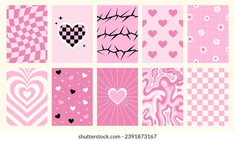 Set of y2k pink posters with hearts, thorns, flowers, checkered and psychedelic patterns. Glamour backgrounds for card, poster, banner design. Girly vector templates. Trendy covers in pastel colors.