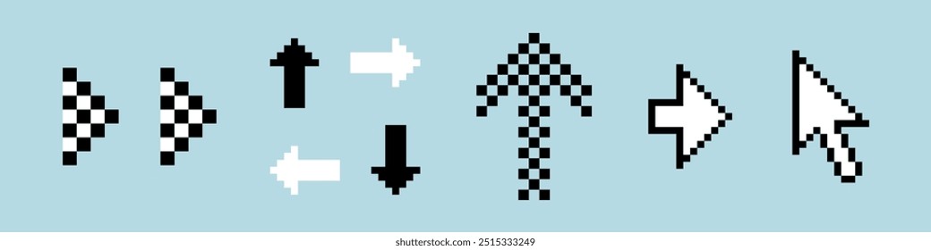 Set of y2k pixel arrows. Game abstract elements. Pixels design elements in the mood of 90's aesthetics. Trendy pointing stickers. 8 bit retro style vector illustration. Simple geometric arrow shape