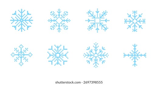 Conjunto y2k pixel art copo de nieve de cristal de invierno, retro 8 bit mosaico ornamento. Elemento de diseño estacional de hielo, fondo. Juegos vintage de estética de los años 90.