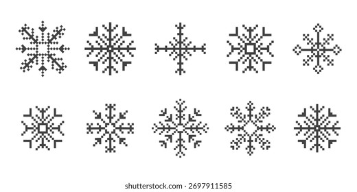 Conjunto y2k pixel art copo de nieve de cristal de invierno, retro 8 bit mosaico ornamento. Elemento de diseño estacional de hielo, fondo. Juegos vintage de estética de los años 90.
