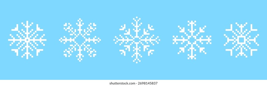 Conjunto y2k pixel art copo de nieve de cristal de invierno, retro 8 bit mosaico ornamento. Elemento de diseño estacional de hielo, fondo. Juegos vintage de estética de los años 90.
