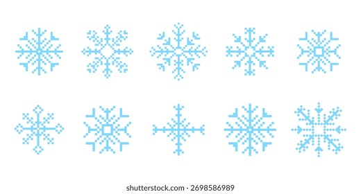 Conjunto y2k pixel art copo de nieve de cristal de invierno, retro 8 bit mosaico ornamento. Elemento de diseño estacional de hielo, fondo. Juegos vintage de estética de los años 90.